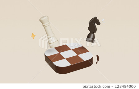 Chess Piece Queen and Knight on Checkerboard. 3D Rendering. 128484000