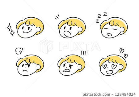 Various emotions Boy's facial expression set (simple line drawing, yellow hair) 128484024