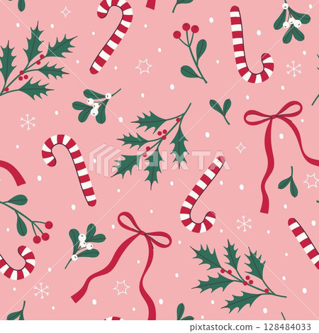 Christmas seamless pattern with candy canes, bows and winter flora. Vector graphics. 128484033