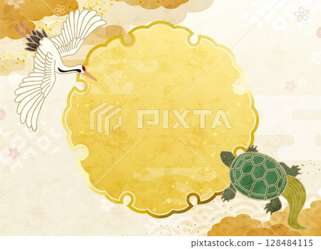 Watercolor illustration frame of a crane and turtle, celebration frame, Japanese pattern illustration Watercolor illustration frame of a crane and turtle, celebration frame, Japanese pattern illustration 128484115