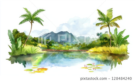 Bigi Pan Wetlands. Bigi Pan Wetlands hand drawn watercolor illustration Bigi Pan Wetlands. Bigi Pan Wetlands hand drawn watercolor illustration 128484240