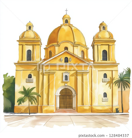 Bogota Gold Museum. Bogota Gold Museum hand drawn watercolor illustration Bogota Gold Museum. Bogota Gold Museum hand drawn watercolor illustration 128484337