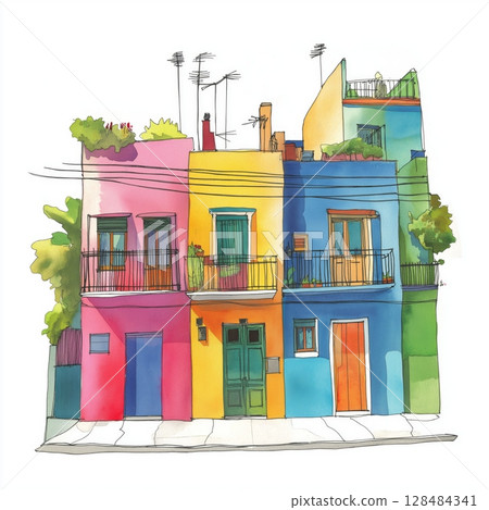 La Boca and Caminito. La Boca and Caminito hand drawn watercolor illustration La Boca and Caminito. La Boca and Caminito hand drawn watercolor illustration 128484341