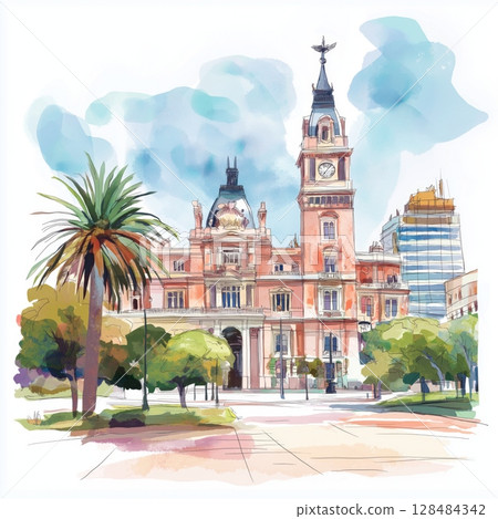 Plaza de Mayo and Casa Rosada. Plaza de Mayo and Casa Rosada hand drawn watercolor illustration 128484342