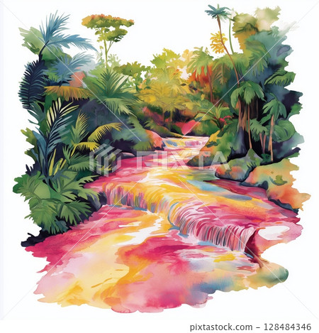 Cano Cristales - Rainbow River. Cano Cristales - Rainbow River hand drawn watercolor illustration Cano Cristales - Rainbow River. Cano Cristales - Rainbow River hand drawn watercolor illustration 128484346