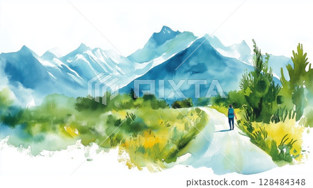 Carretera Austral. Carretera Austral hand drawn watercolor illustration 128484348