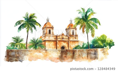 Castillo San Felipe de Barajas. Castillo San Felipe de Barajas hand drawn watercolor illustration 128484349