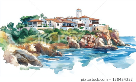 Casapueblo Punta Ballena. Casapueblo Punta Ballena hand drawn watercolor illustration 128484352