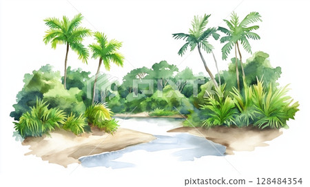 Central Suriname Nature Reserve. Central Suriname Nature Reserve hand drawn watercolor illustration 128484354