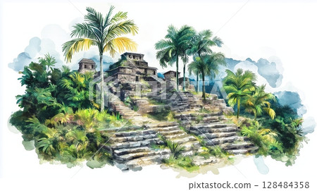 Ciudad Perdida - The Lost City. Ciudad Perdida - The Lost City hand drawn watercolor illustration Ciudad Perdida - The Lost City. Ciudad Perdida - The Lost City hand drawn watercolor illustration 128484358