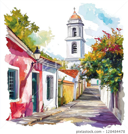 Colonia del Sacramento. Colonia del Sacramento hand drawn watercolor illustration Colonia del Sacramento. Colonia del Sacramento hand drawn watercolor illustration 128484478