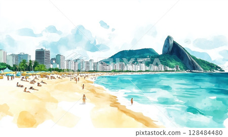 Copacabana Beach. Copacabana Beach hand drawn watercolor illustration 128484480