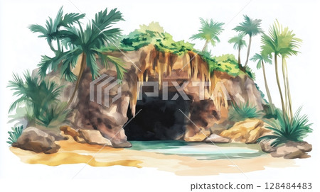 Cueva del Guacharo. Cueva del Guacharo hand drawn watercolor illustration 128484483