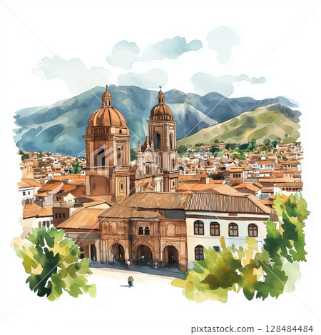 Cusco Historic Center. Cusco Historic Center hand drawn watercolor illustration 128484484