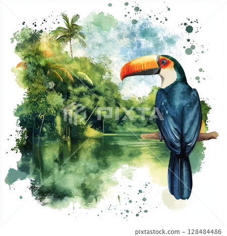 Cuyabeno Wildlife Reserve. Cuyabeno Wildlife Reserve hand drawn watercolor illustration Cuyabeno Wildlife Reserve. Cuyabeno Wildlife Reserve hand drawn watercolor illustration 128484486