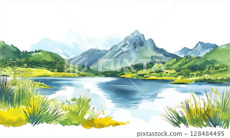 El Cajas National Park. El Cajas National Park hand drawn watercolor illustration El Cajas National Park. El Cajas National Park hand drawn watercolor illustration 128484495