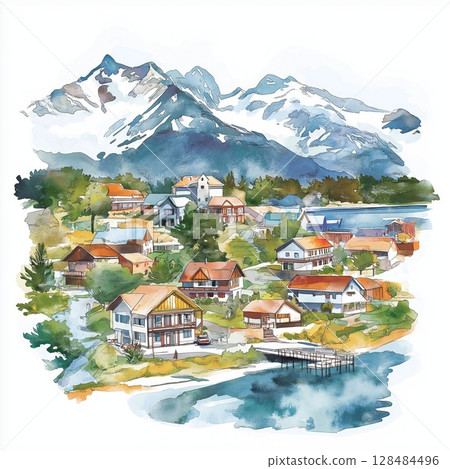 El Calafate. El Calafate hand drawn watercolor illustration 128484496