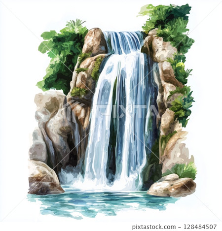 Gocta Waterfall. Gocta Waterfall hand drawn watercolor illustration 128484507