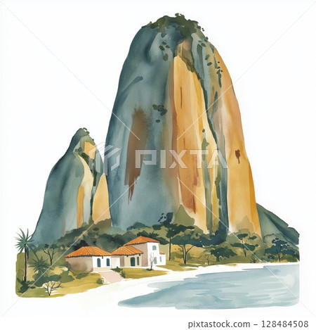 Guatape and El Penol Rock. Guatape and El Penol Rock hand drawn watercolor illustration 128484508