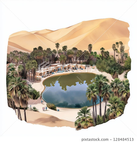 Huacachina Oasis. Huacachina Oasis hand drawn watercolor illustration 128484513