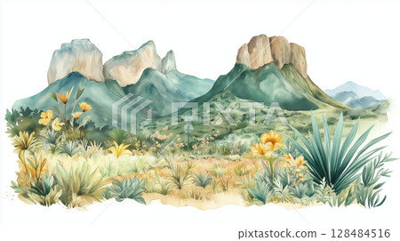 Chapada Diamantina National Park. Chapada Diamantina National Park hand drawn watercolor illustration 128484516