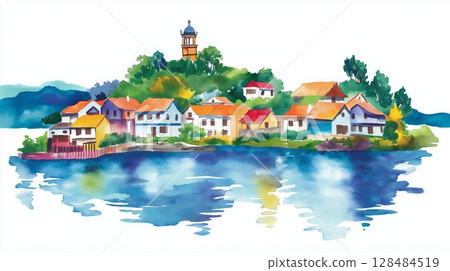 Chiloe Island. Chiloe Island hand drawn watercolor illustration Chiloe Island. Chiloe Island hand drawn watercolor illustration 128484519