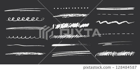 Chalk underline on blackboard line stroke, scribble hand drawn sketch texture. Doodle white crayon on black background. School marks, grunge set border free hand design elements Chalk underline on blackboard line stroke, scribble hand drawn sketch texture. Doodle white crayon on black background. School marks, grunge set border free hand design elements 128484587
