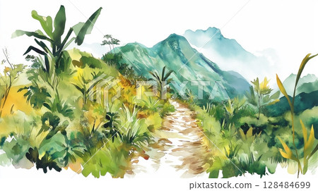 Inca Trail. Inca Trail hand drawn watercolor illustration Inca Trail. Inca Trail hand drawn watercolor illustration 128484699