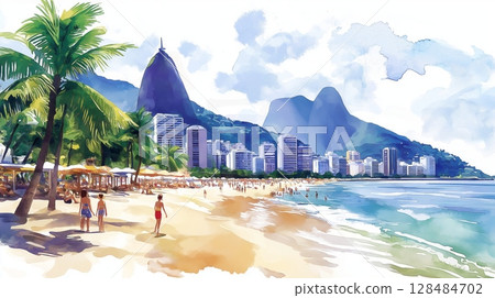 Ipanema Beach. Ipanema Beach hand drawn watercolor illustration 128484702