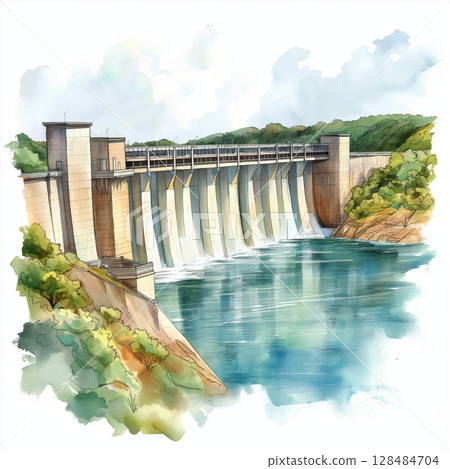 Itaipu Dam. Itaipu Dam hand drawn watercolor illustration 128484704