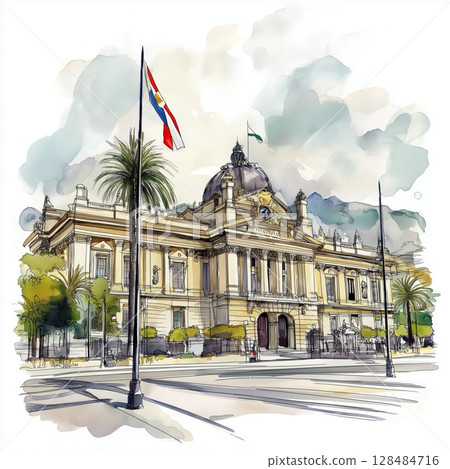 La Moneda Palace. La Moneda Palace hand drawn watercolor illustration La Moneda Palace. La Moneda Palace hand drawn watercolor illustration 128484716