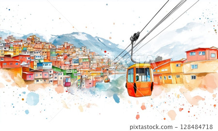 La Paz Cable Cars and Witches Market. La Paz Cable Cars and Witches Market hand drawn watercolor illustration La Paz Cable Cars and Witches Market. La Paz Cable Cars and Witches Market hand drawn watercolor illustration 128484718