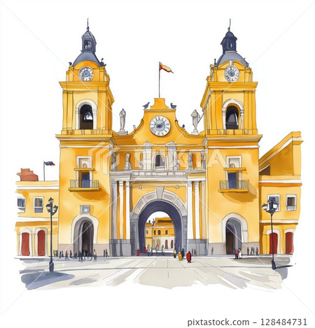 Lima - Plaza Mayor and Historic Center. Lima - Plaza Mayor and Historic Center hand drawn watercolor illustration 128484731