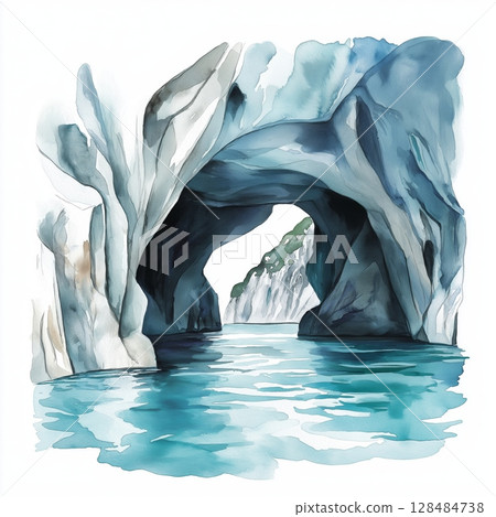 Marble Caves Capillas de Marmol. Marble Caves Capillas de Marmol hand drawn watercolor illustration 128484738