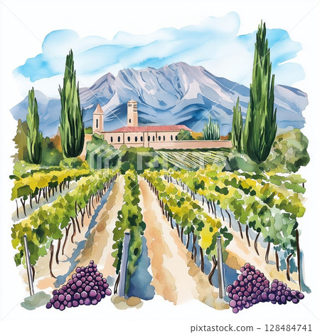 Mendoza Wine Region. Mendoza Wine Region hand drawn watercolor illustration Mendoza Wine Region. Mendoza Wine Region hand drawn watercolor illustration 128484741