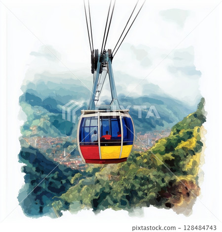 Merida Cable Car. Merida Cable Car hand drawn watercolor illustration Merida Cable Car. Merida Cable Car hand drawn watercolor illustration 128484743