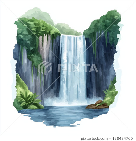 Pailon del Diablo Waterfall. Pailon del Diablo Waterfall hand drawn watercolor illustration 128484760