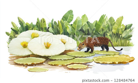 Pantanal Wetlands - Mato Grosso. Pantanal Wetlands - Mato Grosso hand drawn watercolor illustration 128484764