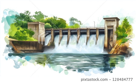 Petit Saut Dam. Petit Saut Dam hand drawn watercolor illustration 128484777