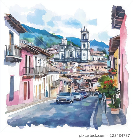 Quito Old Town. Quito Old Town hand drawn watercolor illustration Quito Old Town. Quito Old Town hand drawn watercolor illustration 128484787