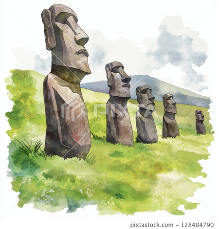 Rano Raraku. Rano Raraku hand drawn watercolor illustration 128484790