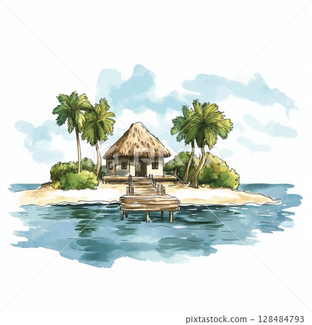 Rosario Islands. Rosario Islands hand drawn watercolor illustration 128484793