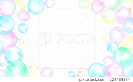 彩色肥皂泡水彩風格背景材料，中間有文字空間 128484884