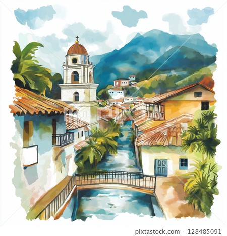 Banos de Agua Santa. Banos de Agua Santa hand drawn watercolor illustration 128485091