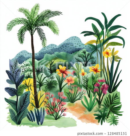 Medellin Botanical Garden. Medellin Botanical Garden hand drawn watercolor illustration 128485131
