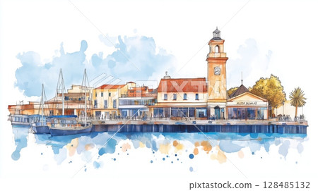 Mercado del Puerto. Mercado del Puerto hand drawn watercolor illustration 128485132