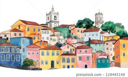 Pelourinho Historic Center. Pelourinho Historic Center hand drawn watercolor illustration Pelourinho Historic Center. Pelourinho Historic Center hand drawn watercolor illustration 128485148