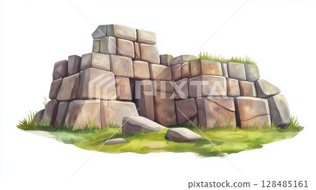 Sacsayhuaman Fortress. Sacsayhuaman Fortress hand drawn watercolor illustration 128485161