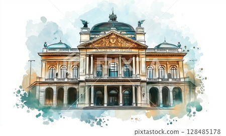 Teatro Colon. Teatro Colon hand drawn watercolor illustration Teatro Colon. Teatro Colon hand drawn watercolor illustration 128485178