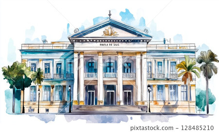 Teatro Solis. Teatro Solis hand drawn watercolor illustration Teatro Solis. Teatro Solis hand drawn watercolor illustration 128485210